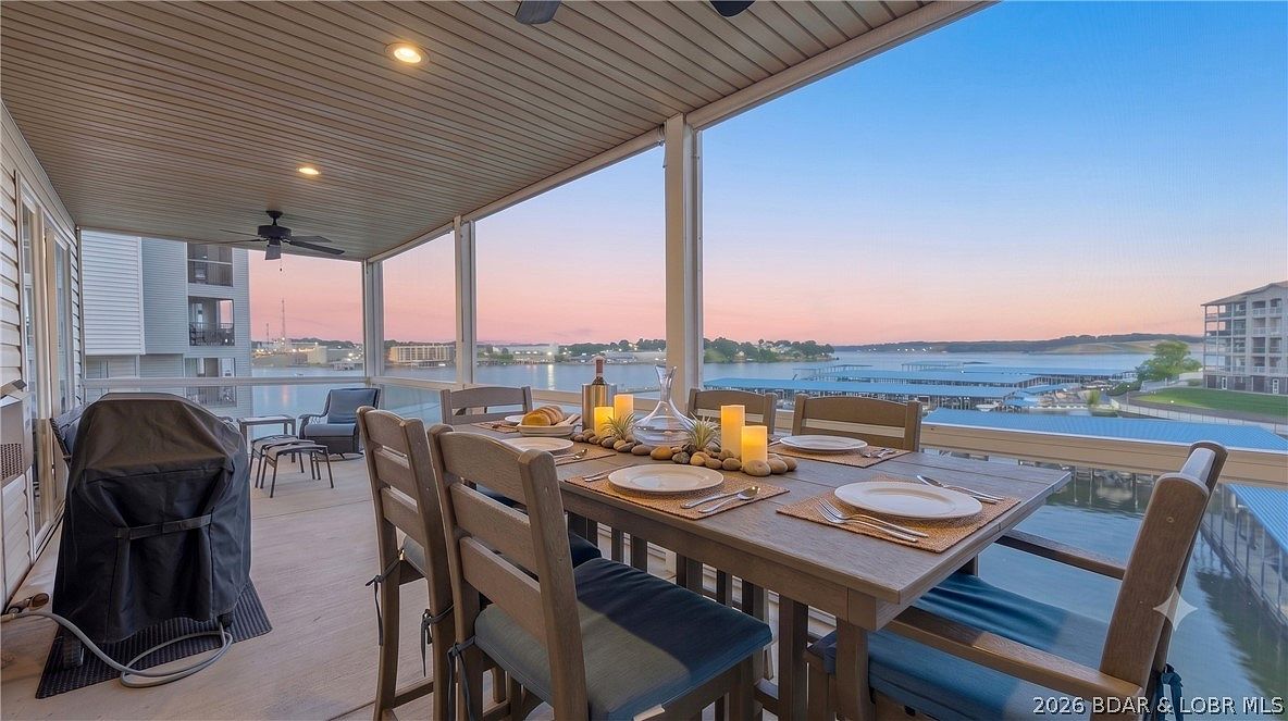 Twilight balcony view over Lake of the Ozarks from 1205 Lands End Parkway